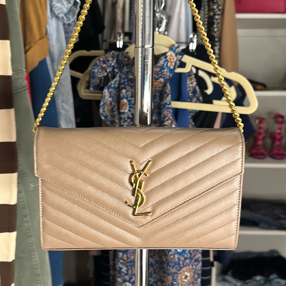 YSL Saint Laurent Large Envelope Taupe/ Dark Beige Shoulder Bag